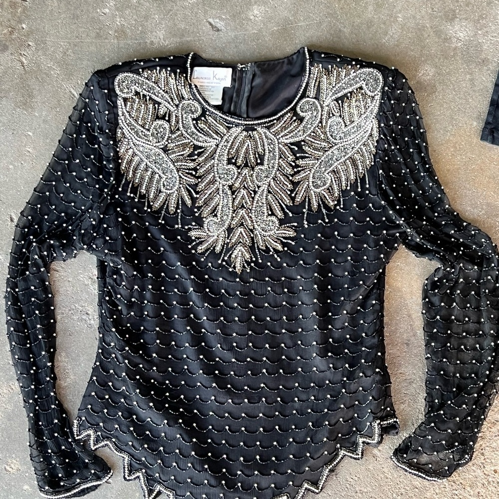 Laurence Kazar Paris New York 100% Silk Elegant Black and Silver Embellished Top